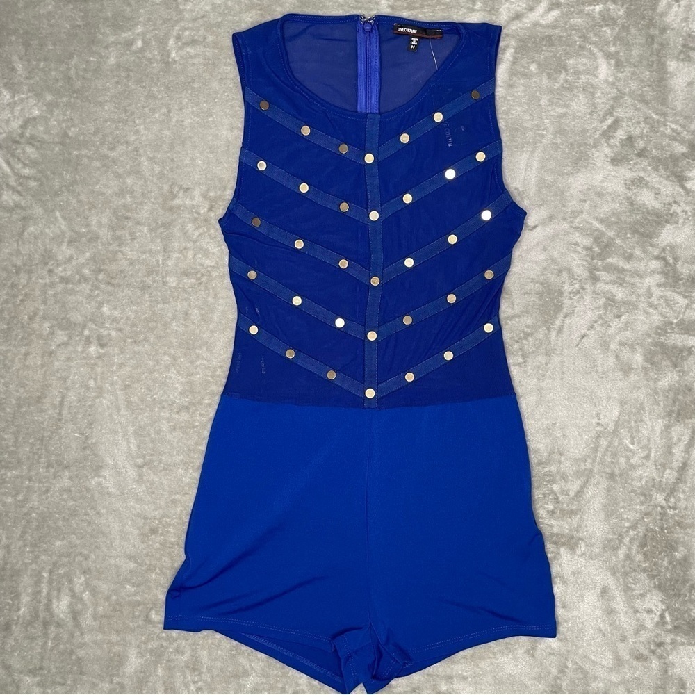 NWT Love Culture Studded Sheer Romper Royal Blue Size Medium Sexy Night Out